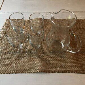 𝅺VINTAGE Set Glass Pitcher with Clear Cups Floral